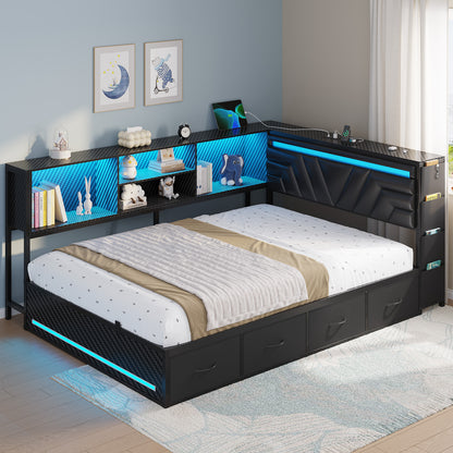 Hasuit | Corner Bed Frame with Drawers and Bookcase Gaming Bed Frame with Storage Esports Style Bed with Upholstered Headboard