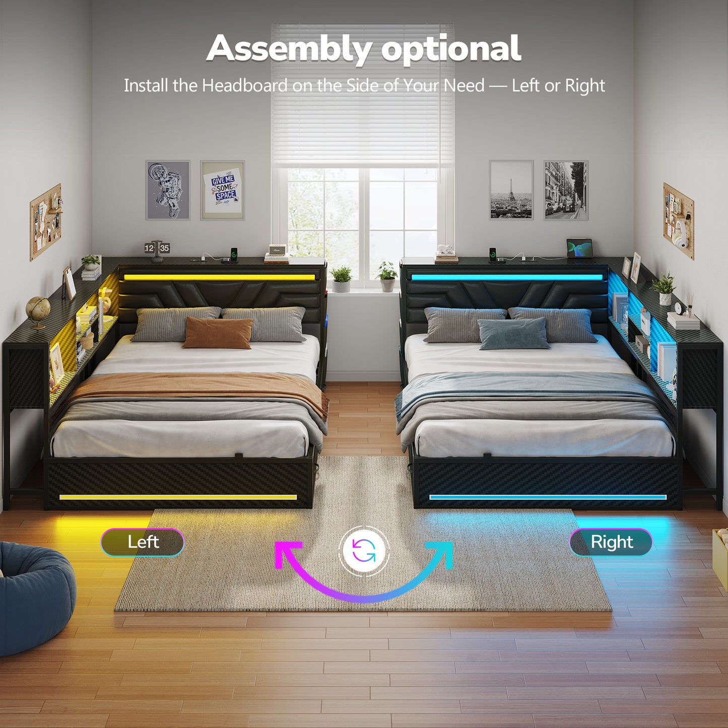 Hasuit | Corner Bed Frame with Drawers and Bookcase Queen Size Gaming Bed Frame with Storage Esports Style Bed with Upholstered Headboard