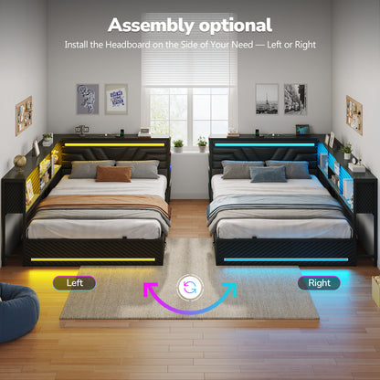 Hasuit | Corner Bed Frame with Drawers and Bookcase Queen Size Gaming Bed Frame with Storage Esports Style Bed with Upholstered Headboard
