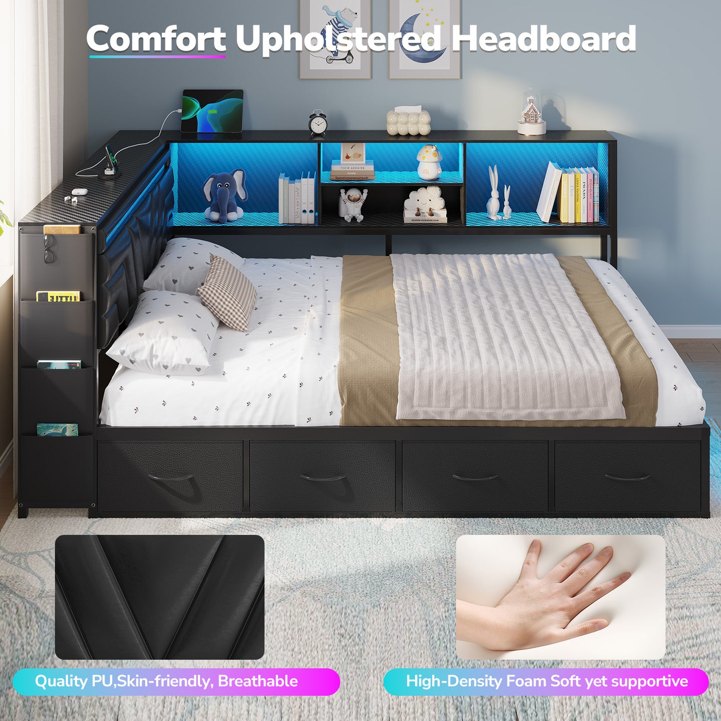 Hasuit | Corner Bed Frame with Drawers and Bookcase Queen Size Gaming Bed Frame with Storage Esports Style Bed with Upholstered Headboard