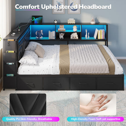 Hasuit | Corner Bed Frame with Drawers and Bookcase Queen Size Gaming Bed Frame with Storage Esports Style Bed with Upholstered Headboard