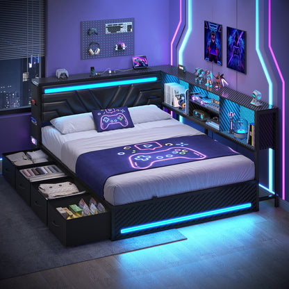 Hasuit | Corner Bed Frame with Drawers and Bookcase Queen Size Gaming Bed Frame with Storage Esports Style Bed with Upholstered Headboard