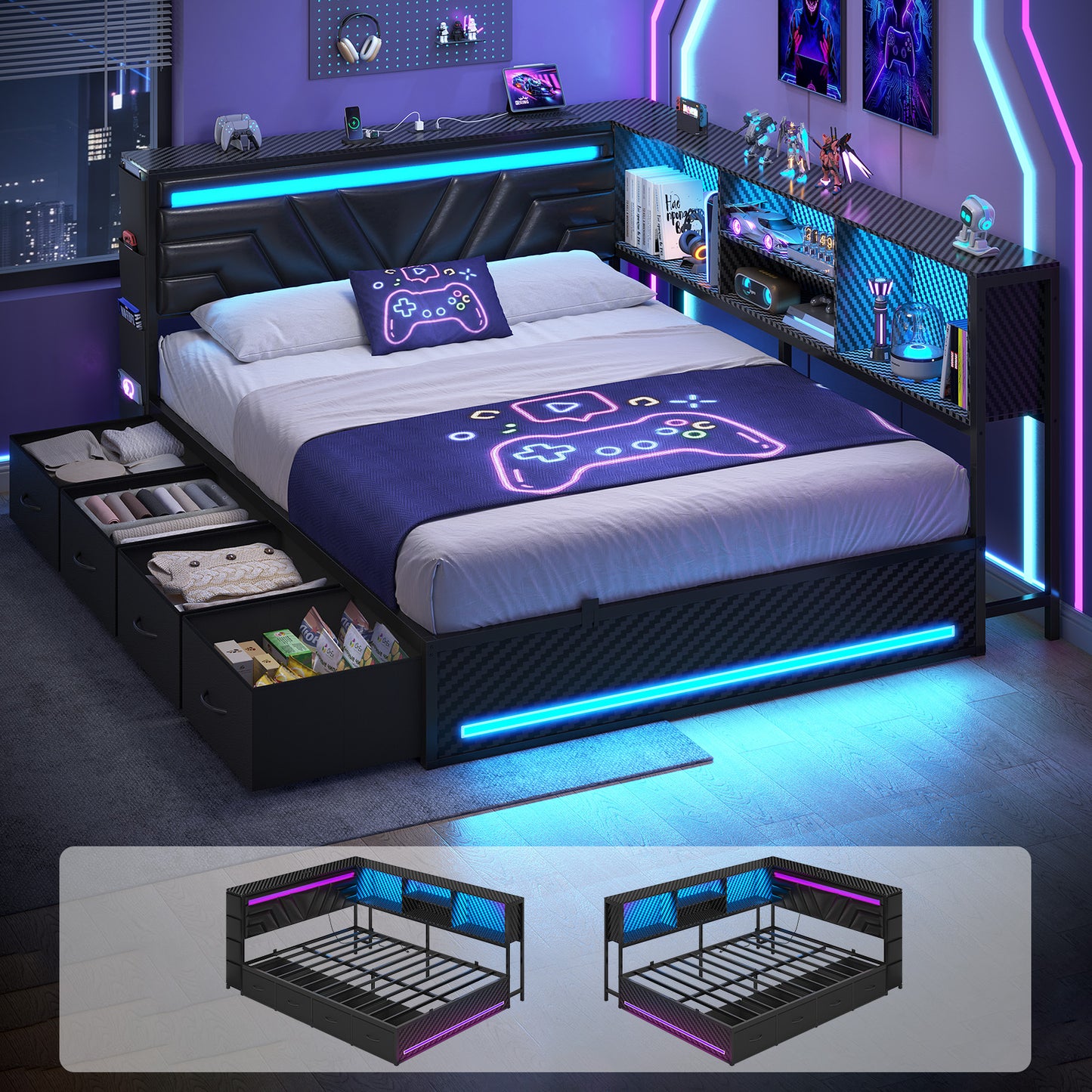Hasuit | Corner Bed Frame with Drawers and Bookcase Queen Size Gaming Bed Frame with Storage Esports Style Bed with Upholstered Headboard