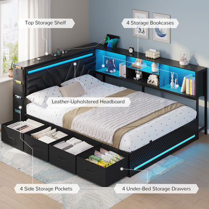 Hasuit | Corner Bed Frame with Drawers and Bookcase Queen Size Gaming Bed Frame with Storage Esports Style Bed with Upholstered Headboard