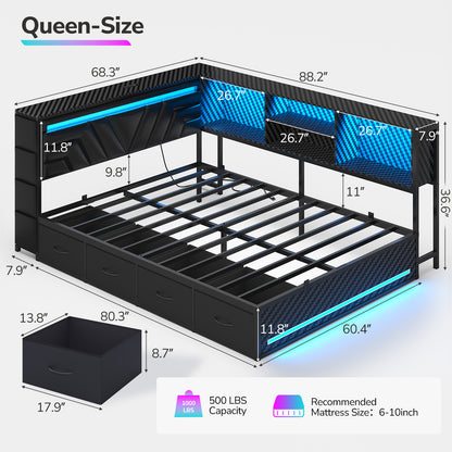 Hasuit | Corner Bed Frame with Drawers and Bookcase Queen Size Gaming Bed Frame with Storage Esports Style Bed with Upholstered Headboard
