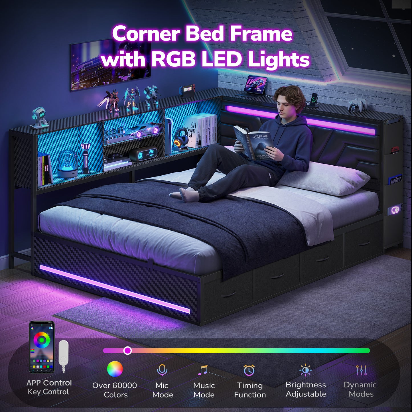 Hasuit | Corner Bed Frame with Drawers and Bookcase Queen Size Gaming Bed Frame with Storage Esports Style Bed with Upholstered Headboard