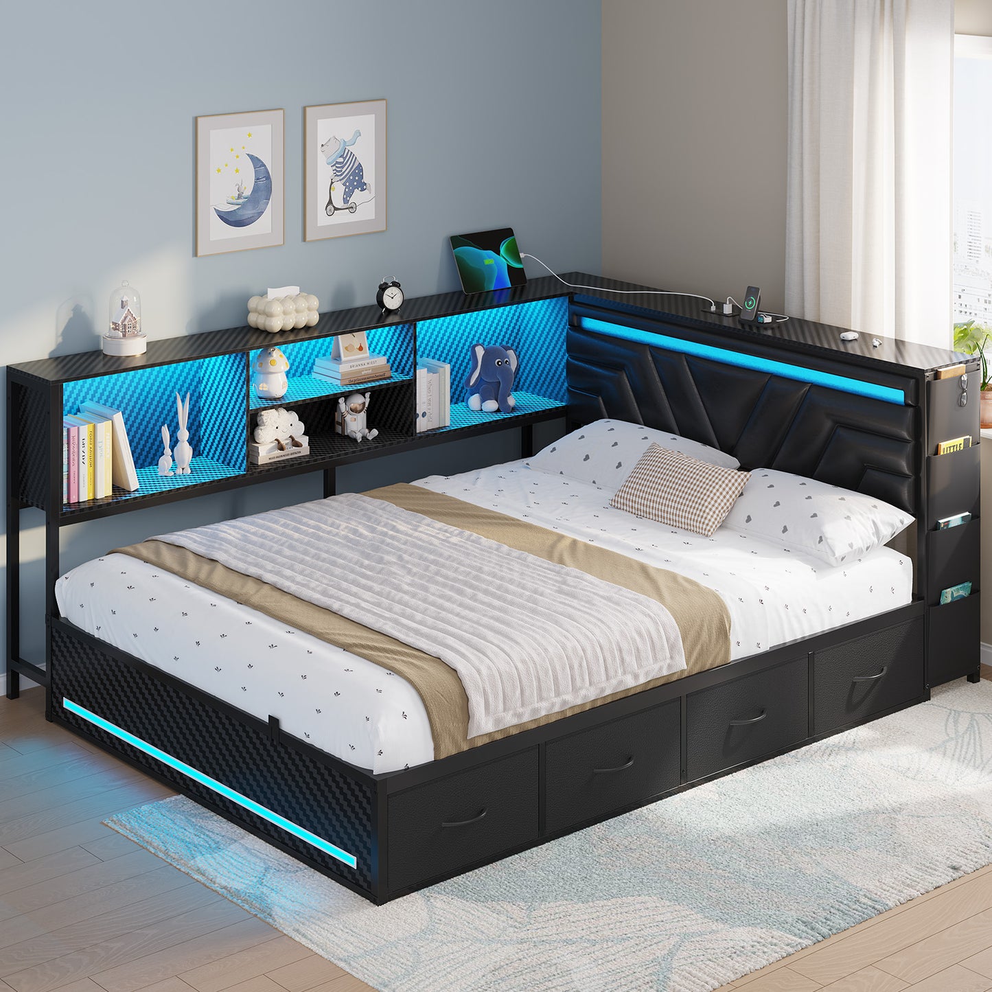 Hasuit | Corner Bed Frame with Drawers and Bookcase Queen Size Gaming Bed Frame with Storage Esports Style Bed with Upholstered Headboard