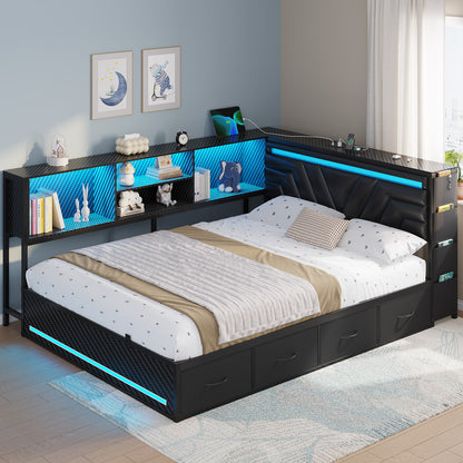 Hasuit | Corner Bed Frame with Drawers and Bookcase Queen Size Gaming Bed Frame with Storage Esports Style Bed with Upholstered Headboard