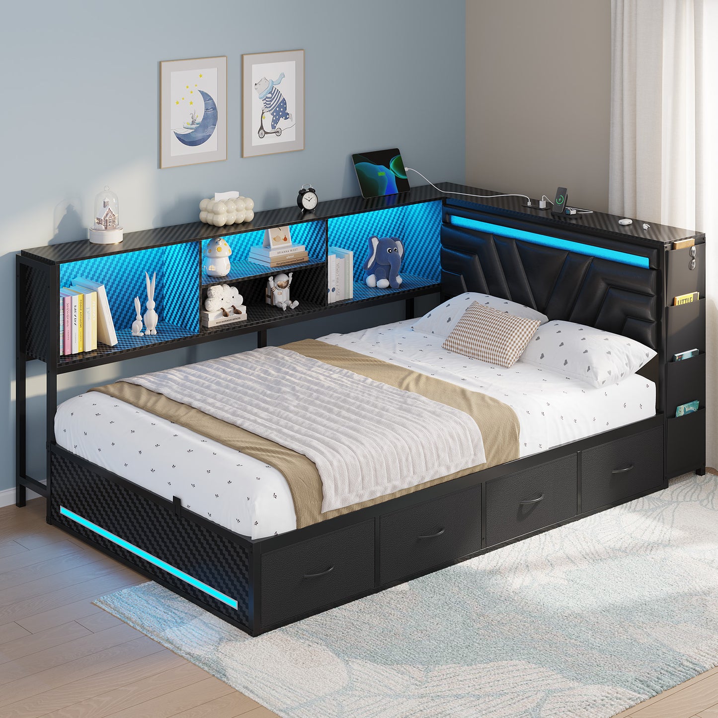 Hasuit | Corner Bed Frame with Drawers and Bookcase Gaming Bed Frame with Storage Esports Style Bed with Upholstered Headboard
