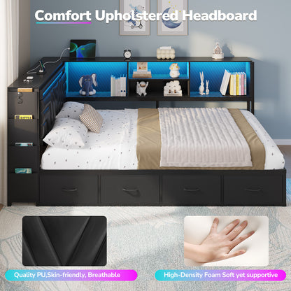 Hasuit | Corner Bed Frame with Drawers and Bookcase Gaming Bed Frame with Storage Esports Style Bed with Upholstered Headboard
