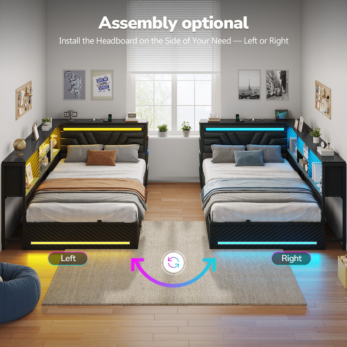 Hasuit | Corner Bed Frame with Drawers and Bookcase Gaming Bed Frame with Storage Esports Style Bed with Upholstered Headboard