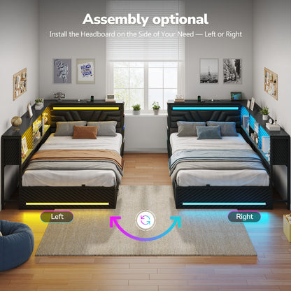 Hasuit | Corner Bed Frame with Drawers and Bookcase Gaming Bed Frame with Storage Esports Style Bed with Upholstered Headboard