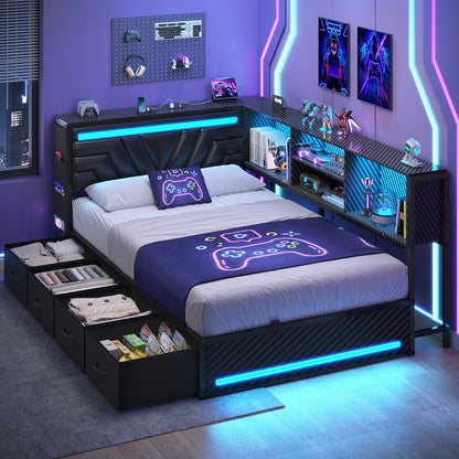 Hasuit | Corner Bed Frame with Drawers and Bookcase Gaming Bed Frame with Storage Esports Style Bed with Upholstered Headboard