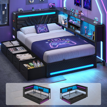 Hasuit | Corner Bed Frame with Drawers and Bookcase Gaming Bed Frame with Storage Esports Style Bed with Upholstered Headboard