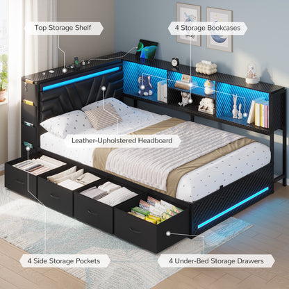 Hasuit | Corner Bed Frame with Drawers and Bookcase Gaming Bed Frame with Storage Esports Style Bed with Upholstered Headboard