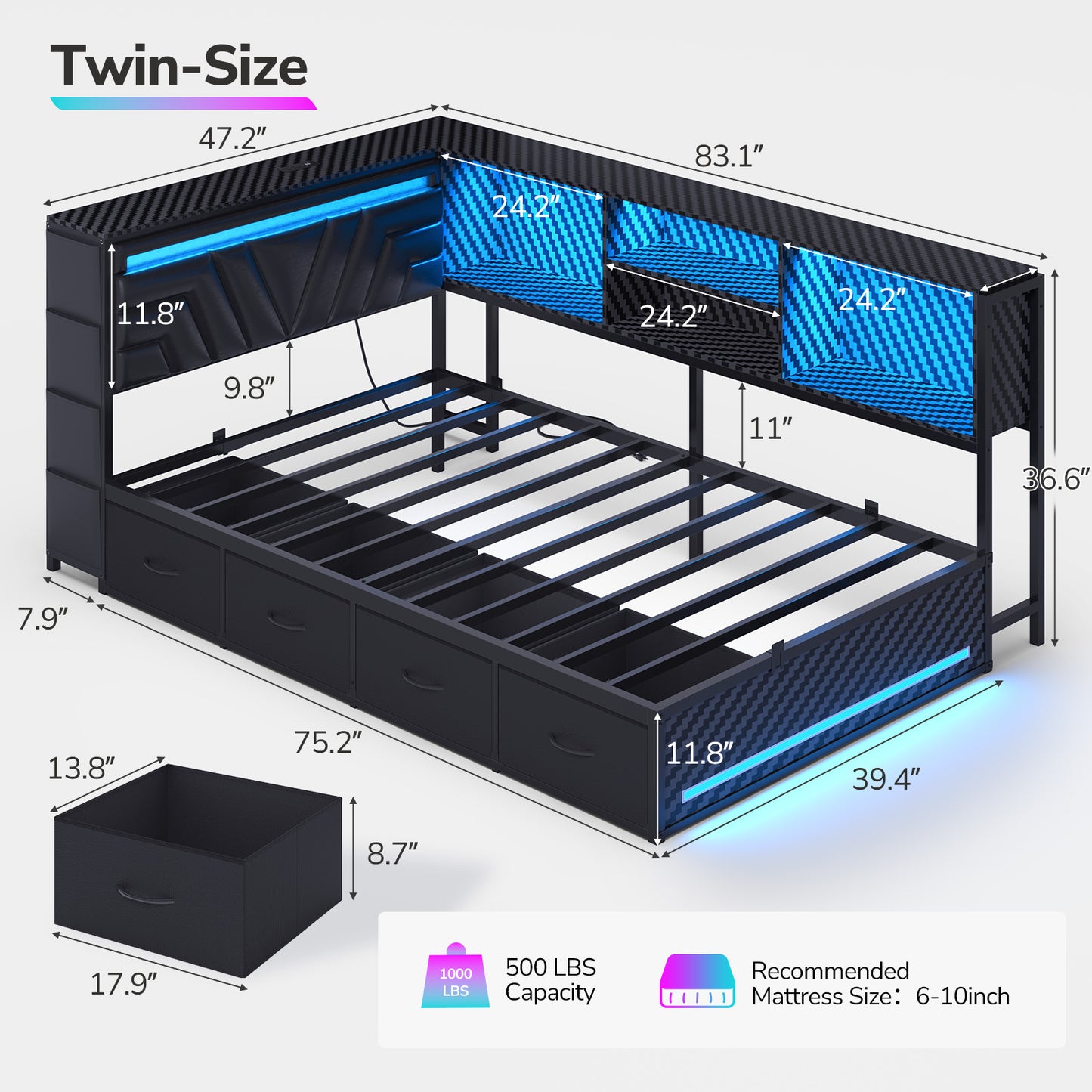 Hasuit | Corner Bed Frame with Drawers and Bookcase Gaming Bed Frame with Storage Esports Style Bed with Upholstered Headboard