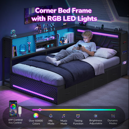 Hasuit | Corner Bed Frame with Drawers and Bookcase Gaming Bed Frame with Storage Esports Style Bed with Upholstered Headboard