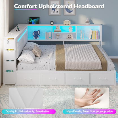 Hasuit | Corner Bed Frame with Drawers and Bookcase Gaming Bed Frame with Storage Esports Style Bed with Upholstered Headboard