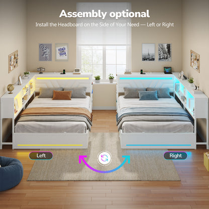 Hasuit | Corner Bed Frame with Drawers and Bookcase Gaming Bed Frame with Storage Esports Style Bed with Upholstered Headboard