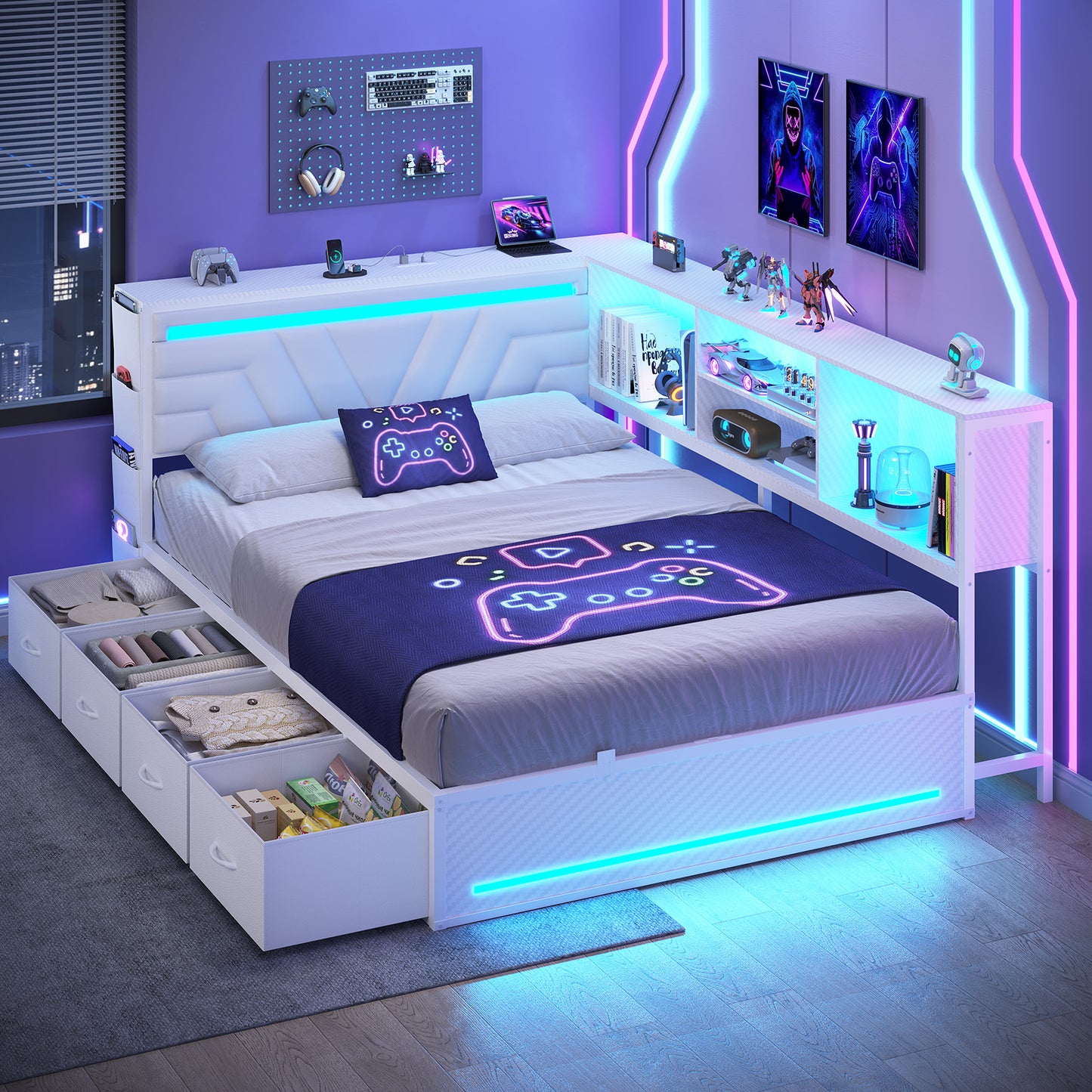 Hasuit | Corner Bed Frame with Drawers and Bookcase Full Size Gaming Bed Frame with Storage Esports Style Bed with Upholstered Headboard