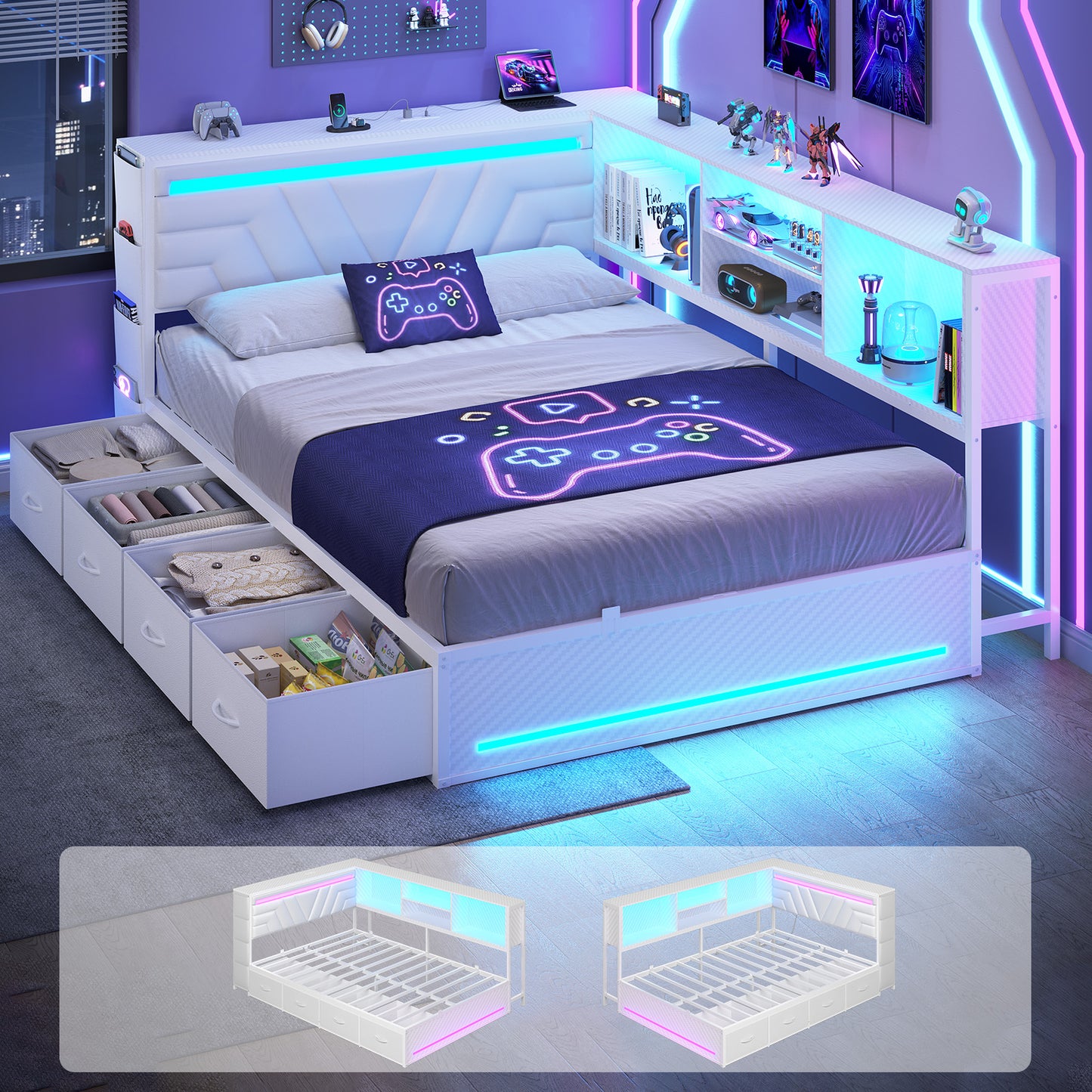 Hasuit | Corner Bed Frame with Drawers and Bookcase Gaming Bed Frame with Storage Esports Style Bed with Upholstered Headboard