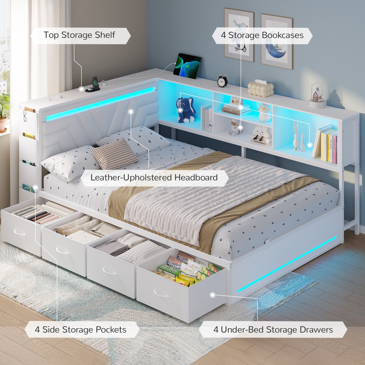 Hasuit | Corner Bed Frame with Drawers and Bookcase Gaming Bed Frame with Storage Esports Style Bed with Upholstered Headboard