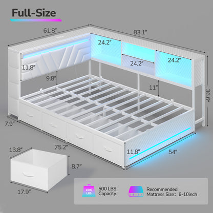 Hasuit | Corner Bed Frame with Drawers and Bookcase Full Size Gaming Bed Frame with Storage Esports Style Bed with Upholstered Headboard