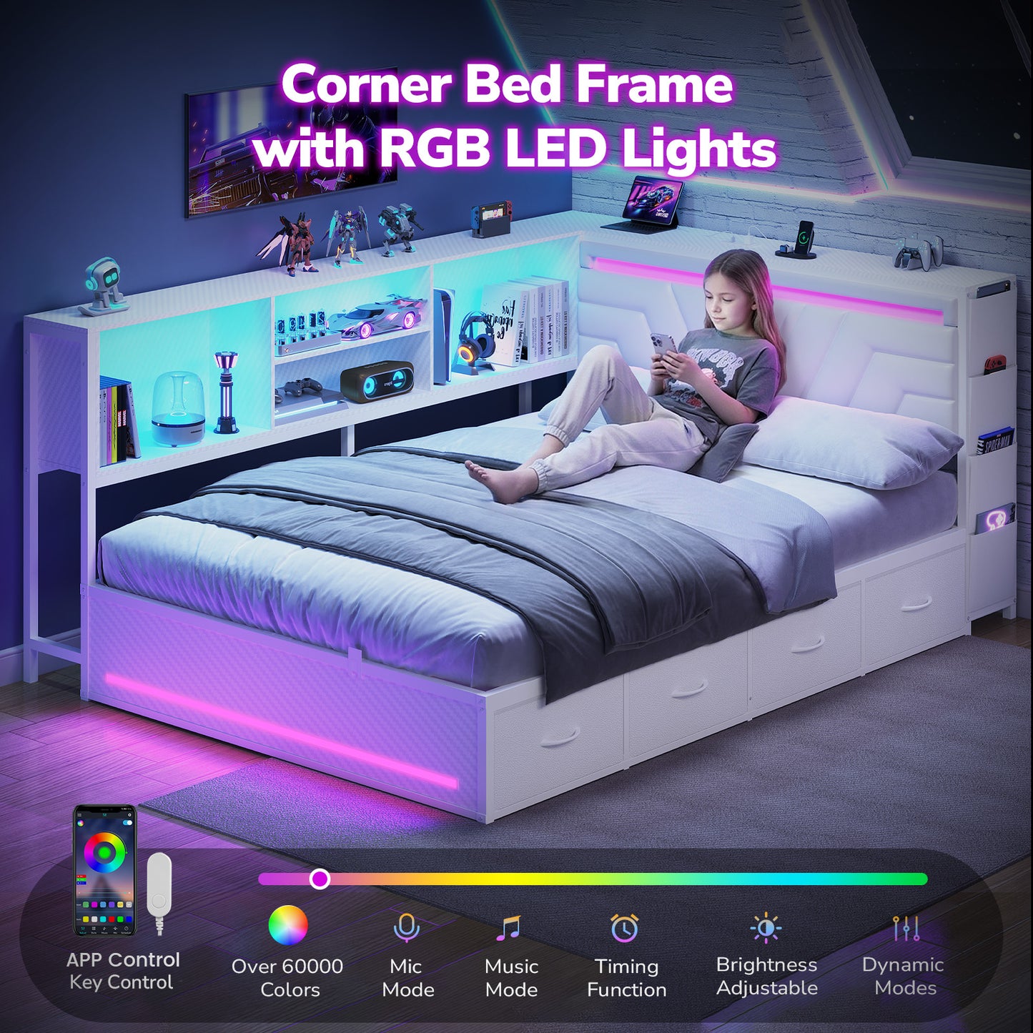 Hasuit | Corner Bed Frame with Drawers and Bookcase Gaming Bed Frame with Storage Esports Style Bed with Upholstered Headboard