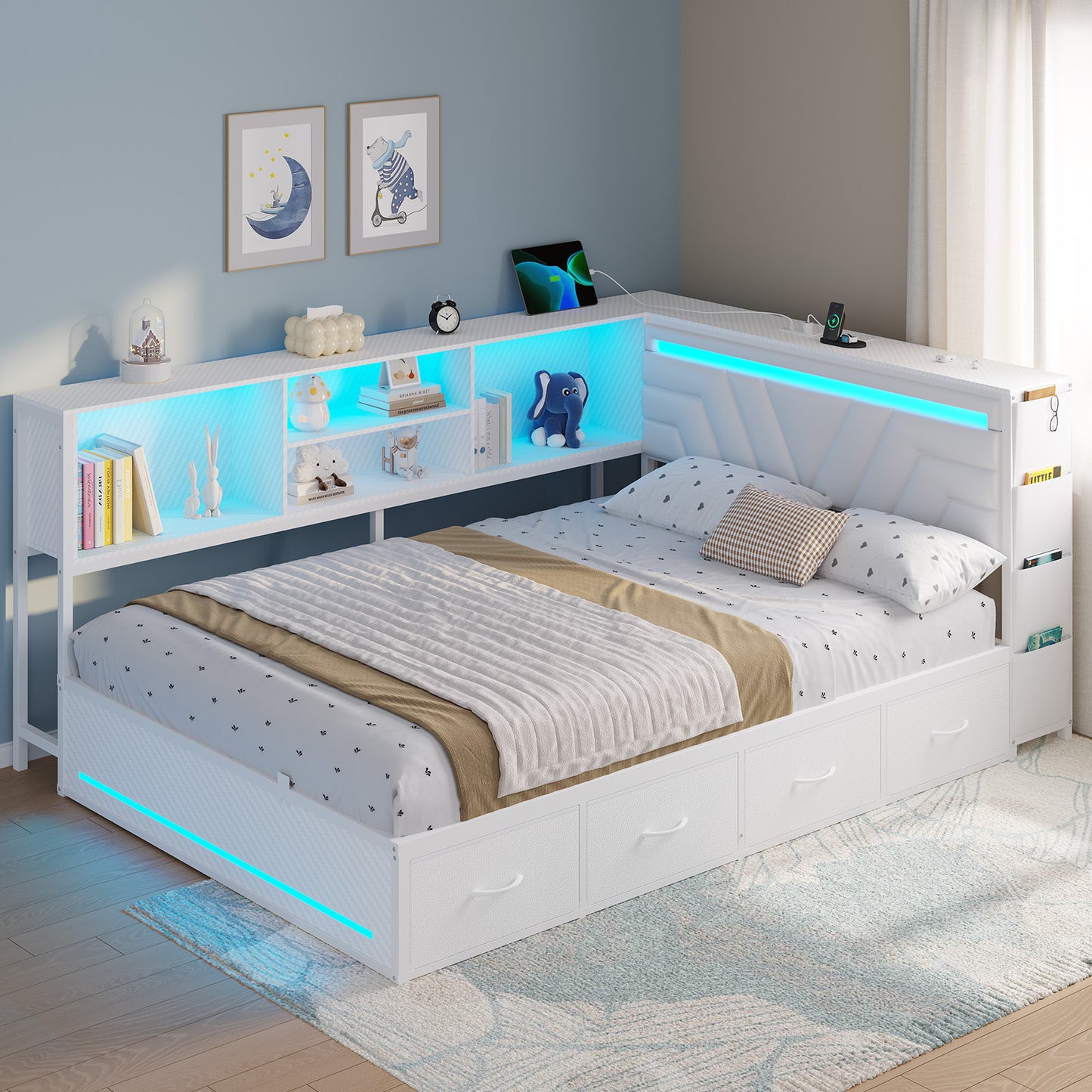 Hasuit | Corner Bed Frame with Drawers and Bookcase Gaming Bed Frame with Storage Esports Style Bed with Upholstered Headboard