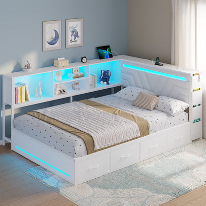 Hasuit | Corner Bed Frame with Drawers and Bookcase Gaming Bed Frame with Storage Esports Style Bed with Upholstered Headboard