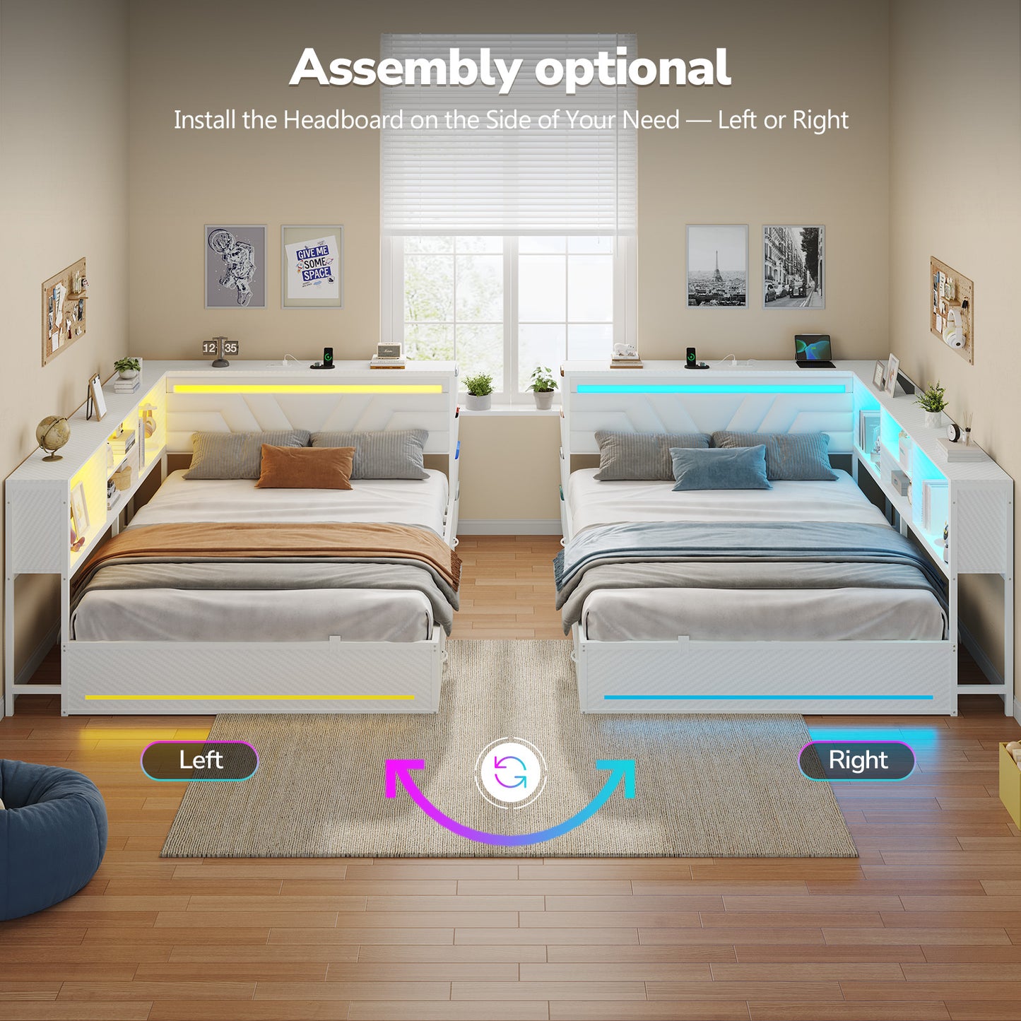 Hasuit | Corner Bed Frame with Drawers and Bookcase Queen Size Gaming Bed Frame with Storage Esports Style Bed with Upholstered Headboard