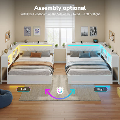Hasuit | Corner Bed Frame with Drawers and Bookcase Queen Size Gaming Bed Frame with Storage Esports Style Bed with Upholstered Headboard