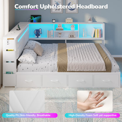 Hasuit | Corner Bed Frame with Drawers and Bookcase Queen Size Gaming Bed Frame with Storage Esports Style Bed with Upholstered Headboard