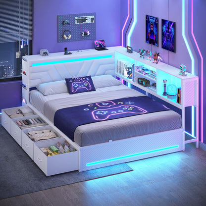 Hasuit | Corner Bed Frame with Drawers and Bookcase Queen Size Gaming Bed Frame with Storage Esports Style Bed with Upholstered Headboard
