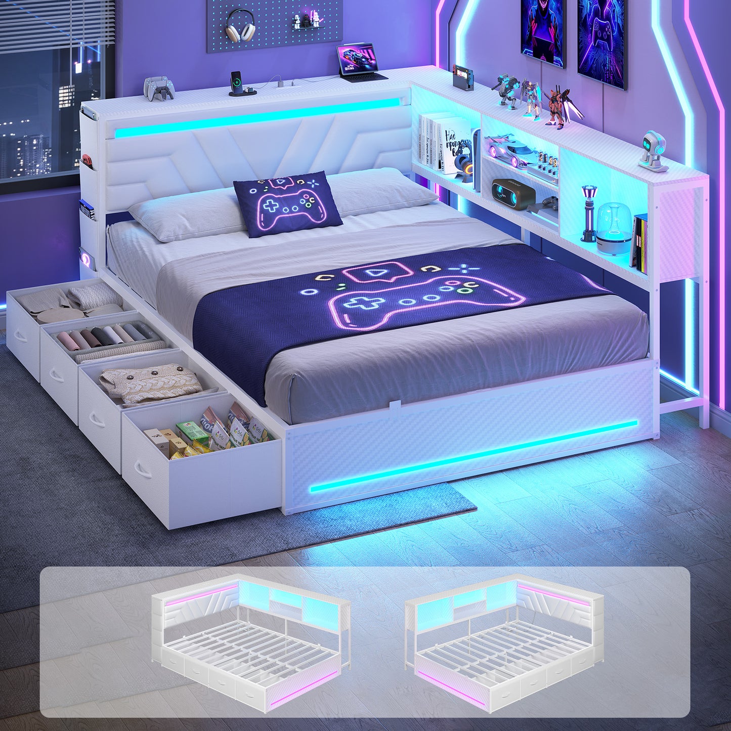 Hasuit | Corner Bed Frame with Drawers and Bookcase Queen Size Gaming Bed Frame with Storage Esports Style Bed with Upholstered Headboard