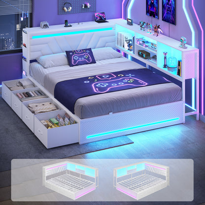 Hasuit | Corner Bed Frame with Drawers and Bookcase Queen Size Gaming Bed Frame with Storage Esports Style Bed with Upholstered Headboard