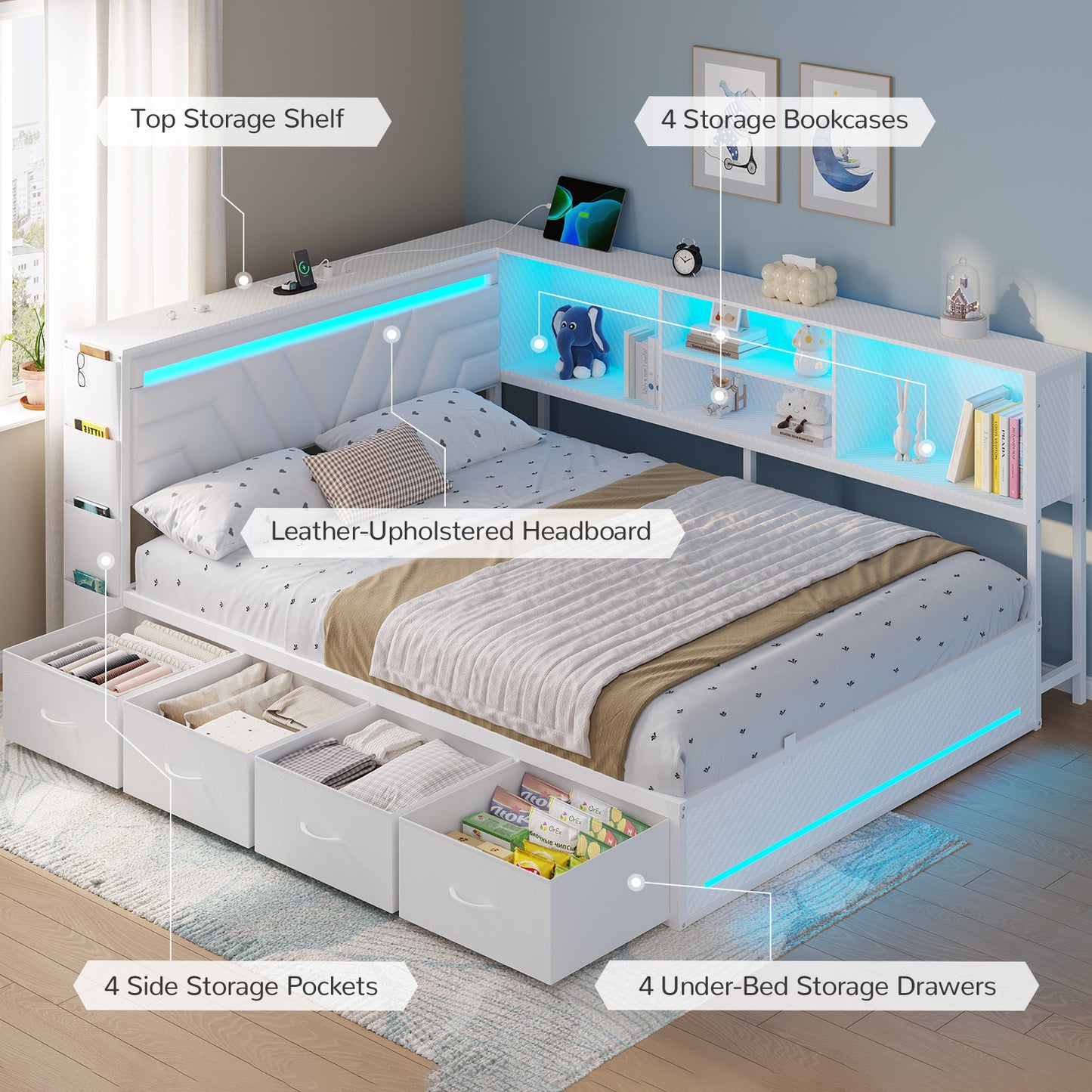 Hasuit | Corner Bed Frame with Drawers and Bookcase Queen Size Gaming Bed Frame with Storage Esports Style Bed with Upholstered Headboard