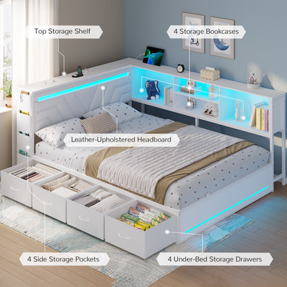 Hasuit | Corner Bed Frame with Drawers and Bookcase Queen Size Gaming Bed Frame with Storage Esports Style Bed with Upholstered Headboard