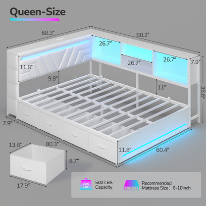 Hasuit | Corner Bed Frame with Drawers and Bookcase Queen Size Gaming Bed Frame with Storage Esports Style Bed with Upholstered Headboard