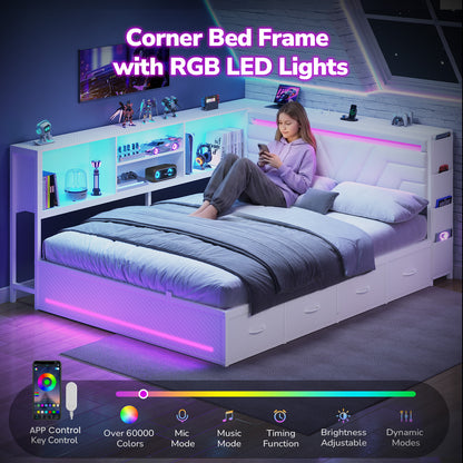 Hasuit | Corner Bed Frame with Drawers and Bookcase Queen Size Gaming Bed Frame with Storage Esports Style Bed with Upholstered Headboard