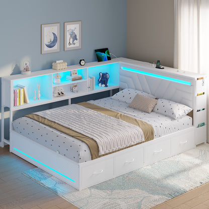 Hasuit | Corner Bed Frame with Drawers and Bookcase Queen Size Gaming Bed Frame with Storage Esports Style Bed with Upholstered Headboard