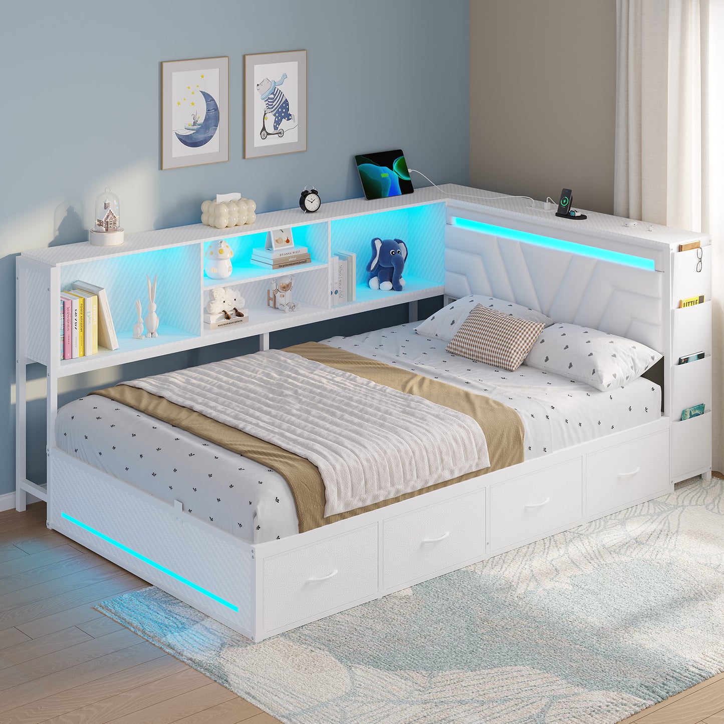 Hasuit | Corner Bed Frame with Drawers and Bookcase Gaming Bed Frame with Storage Esports Style Bed with Upholstered Headboard