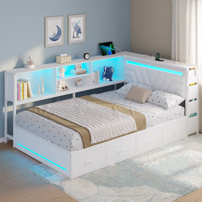 Hasuit | Corner Bed Frame with Drawers and Bookcase Gaming Bed Frame with Storage Esports Style Bed with Upholstered Headboard