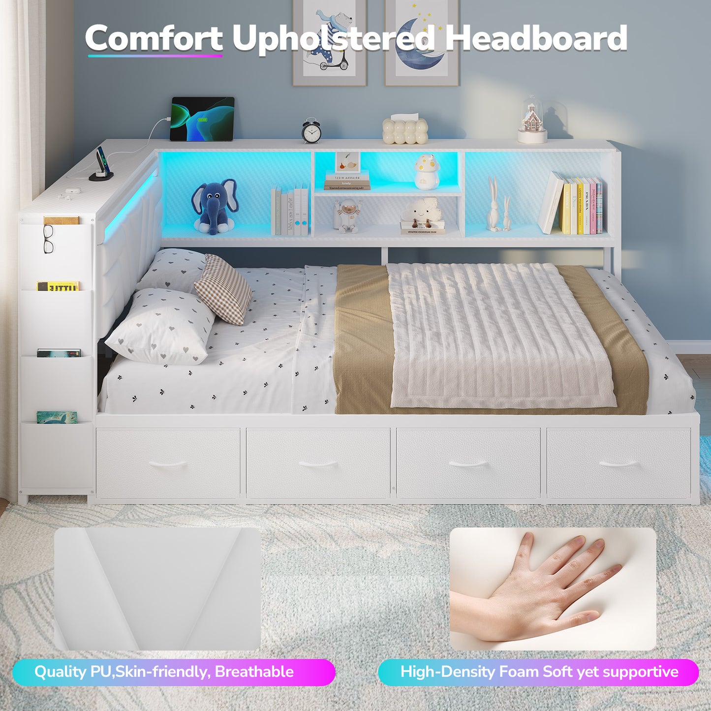 Hasuit | Corner Bed Frame with Drawers and Bookcase Gaming Bed Frame with Storage Esports Style Bed with Upholstered Headboard