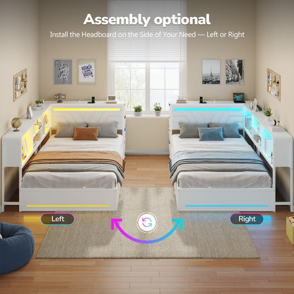 Hasuit | Corner Bed Frame with Drawers and Bookcase Gaming Bed Frame with Storage Esports Style Bed with Upholstered Headboard