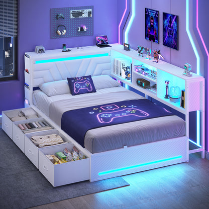 Hasuit | Corner Bed Frame with Drawers and Bookcase Gaming Bed Frame with Storage Esports Style Bed with Upholstered Headboard