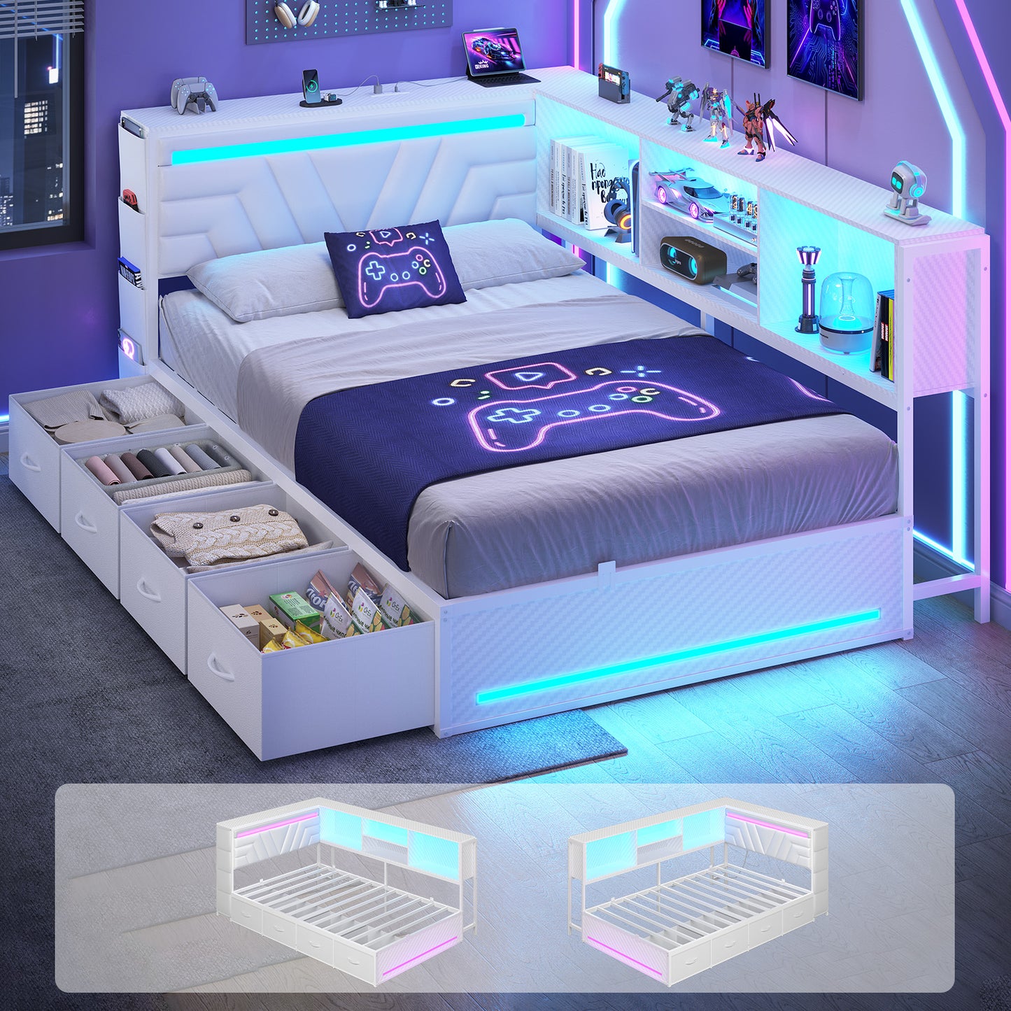 Hasuit | Corner Bed Frame with Drawers and Bookcase Gaming Bed Frame with Storage Esports Style Bed with Upholstered Headboard