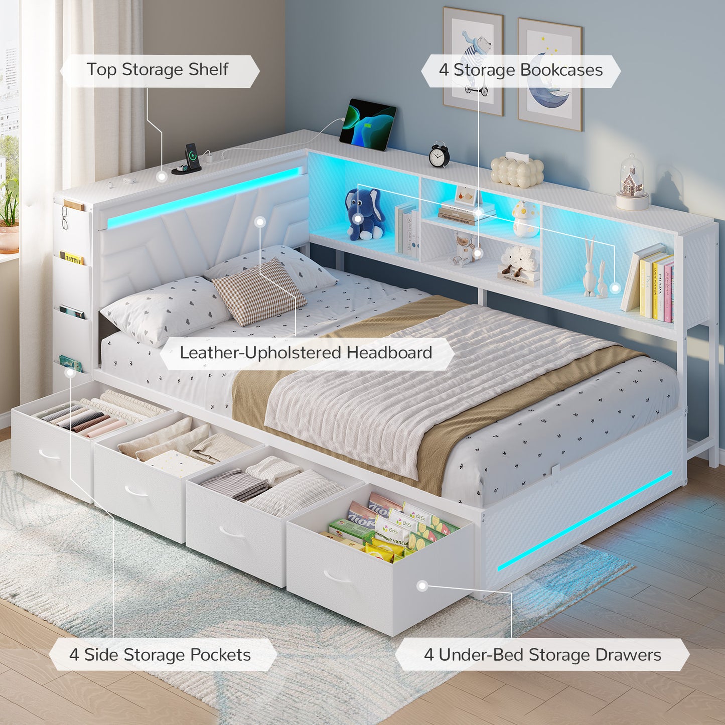 Hasuit | Corner Bed Frame with Drawers and Bookcase Gaming Bed Frame with Storage Esports Style Bed with Upholstered Headboard