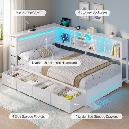 Hasuit | Corner Bed Frame with Drawers and Bookcase Gaming Bed Frame with Storage Esports Style Bed with Upholstered Headboard