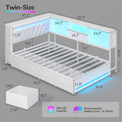 Hasuit | Corner Bed Frame with Drawers and Bookcase Gaming Bed Frame with Storage Esports Style Bed with Upholstered Headboard